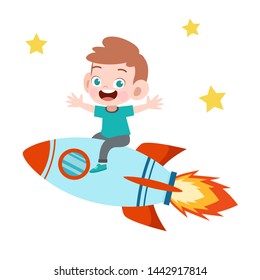 kid boy ride rocket illustration