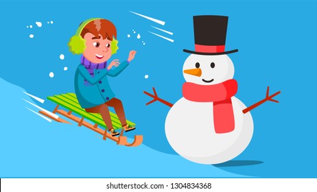 Kid Boy Rolling Downhill On A Sled And Crashes Into Snowman Vector. Isolated Illustration