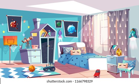 Kid boy room interior vector illustration of modern bedroom furniture in blue Scandinavian style. Cartoon slat chalkboard on house drawer, car toy on carpet and cosmos pictures, blanket on bed