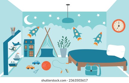 Kid boy room interior vector illustration of modern bedroom furniture in blue Scandinavian style. Vector illustration.