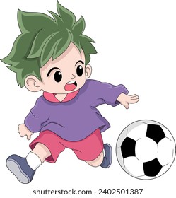 un niño corre por ahí tirando una pelota de fútbol, diseño de ilustración creativa