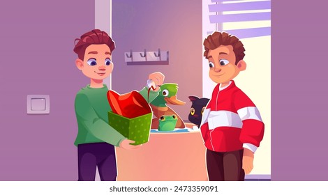 Kid boy show his friend magic trick pouring liquid on hat in box while cat, duck and frog watching him from bathtub full of water. Cartoon vector illustration of playful childhood and friendship.