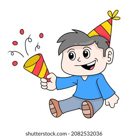 niño sentado felizmente celebrando su cumpleaños, ilustración vectorial art. doodle imagen kawaii.
