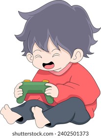 kid boy is sitting holding a gamepad playing games happily, creative illustration design