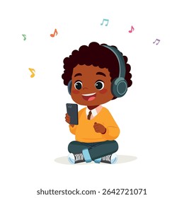  kid boy sitting and listening to music – cartoon vector illustration