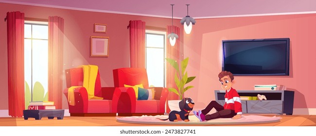 Kid boy sitting on floor of living room and playing with little dog of dachshund breed. Cartoon vector illustration of friendship between child and pet. Cute puppy with owner inside of home.