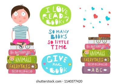 Kid Boy Sitting on Pile of Books Reading. Hand drawn reading hobby lettering cartoon graphics. Vector illustration.