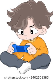 kid boy is sitting and playing game portable device, creative illustration design
