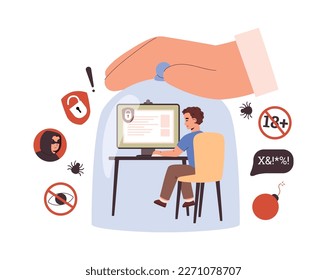 Kid boy sitting under large glass jar flat style, vector illustration isolated on white background. Children internet safety concept, huge hand, protection from stranger and inappropriate content svg