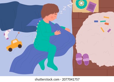 Kid boy sleep in bed at night, top view vector illustration. Cartoon little boy child character sleeping, wearing cute pajamas, lying with pillow and blanket, bedtime calm rest concept background