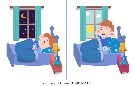 kid boy sleep wake up vector illustration