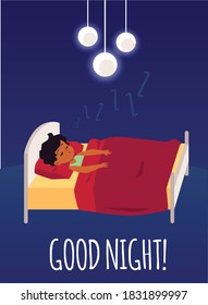 The kid boy is sleeping cozy in his bed on a pillow and under a blanket. Cozy interior with night lights. Vector illustration. Cartoon design with caption Good night.