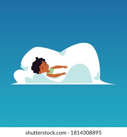 Kid boy sleeps in his cozy bed on a pillow and under a blanket. Vector flat cartoon illustration.