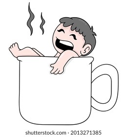 kid boy soaking in a warm coffee mug, vector illustration art. doodle icon image kawaii.