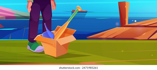 Kid boy standing near cardboard box with baseball bit and cap on shore of lake or river with wooden pier or bridge. Cartoon vector summer sunny scenery with outdoor sport game equipment on riverbank.