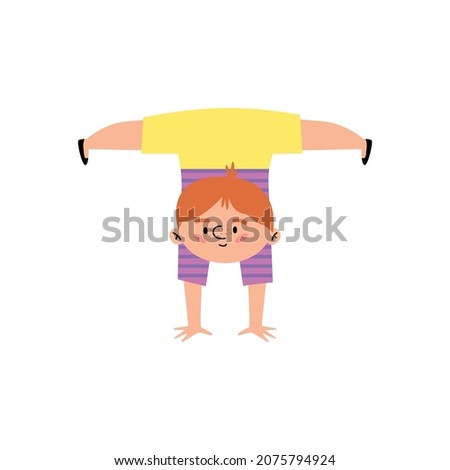Kid boy standing on hands, flat cartoon vector illustration isolated on white background. Children gymnastic practice and sport physical education personage.