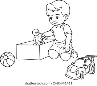 Kid Boy Storing Toys  line vector illustration isolated on white background