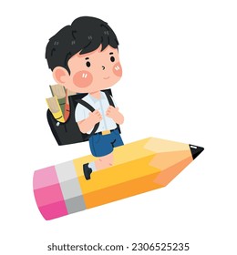 Kid boy student Flying With Pencil