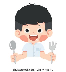 Kid boy student hungry holding a fork and spoon