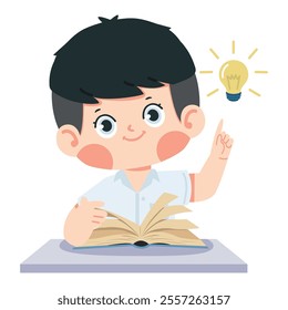 Kid boy student reading book with idea lamp