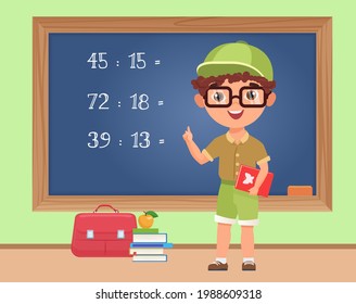 Kid boy student studying math in classroom, education vector illustration. Cartoon schoolboy standing at blackboard to write mathematical exercise, elementary school pupil on math lesson background