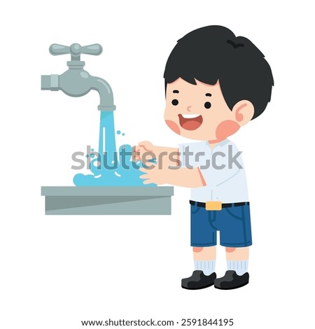 Kid Boy Student washing hands in sink
