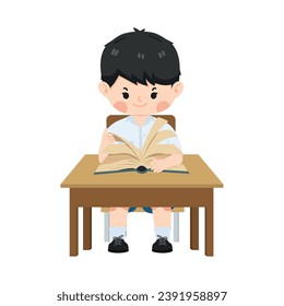 Kid boy students reading a book on table