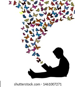 Kid Boy Study Learning Reading Book Looking for Inspiration. A lot of flying butterflies. vector illustration