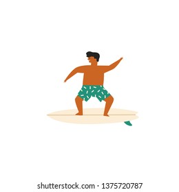 Kid boy surfing in the ocean character in vector. Summer time card or poster illustration.