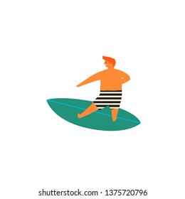 Kid boy surfing in the ocean character in vector. Summer time card or poster illustration.