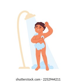 Kid boy taking shower with soap and foam. Small child enjoy cleaning water procedures in bathroom. Everyday hygiene for children concept. Cartoon flat vector illustration