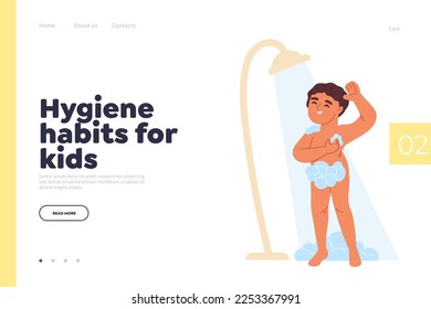 Kid boy taking shower with soap and foam. Small child enjoy cleaning water procedures in bathroom. Everyday hygiene for children concept. Cartoon flat vector illustration