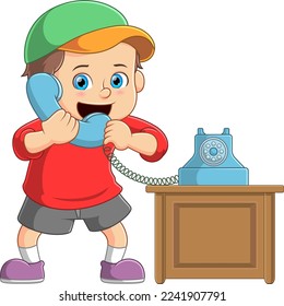 Kid boy talking on a retro wired telephone of illustration