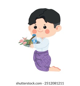 Kid boy in thai dress offering the food