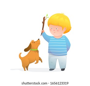 Kid boy throwing stick for puppy jumping happy and joyful smiling humour kids illustration. Little child and his dog playing throw stick, excited kids happy cartoon. Vector watercolor style.