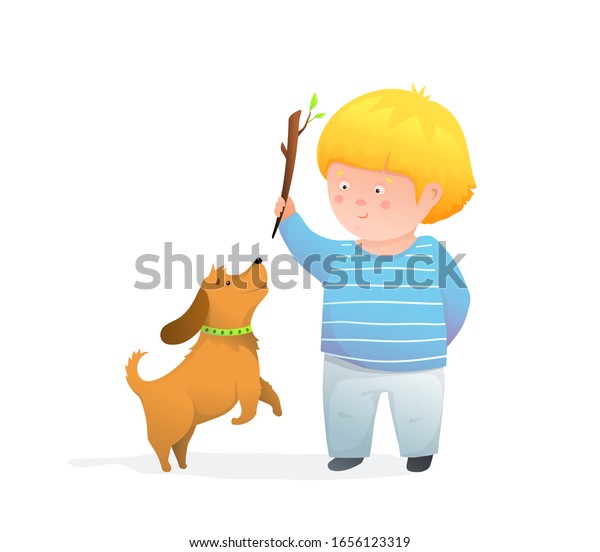 子犬が幸せで楽しげな笑顔の子ども向けのステッキを投げるイラスト 子どもと彼の犬が投げ棒をしていて 子どもたちが喜ぶ漫画を描いている ベクター水の色のスタイル のベクター画像素材 ロイヤリティフリー