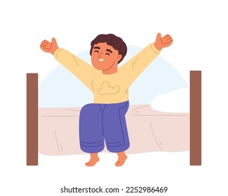 Kid boy waking up stretching and rubbing eyes sit on bed in bedroom. Small schoolboy awake. Morning routine for child concept. Cartoon flat vector illustration