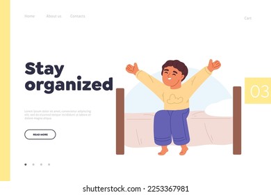 Kid boy waking up stretching and rubbing eyes sit on bed in bedroom. Small schoolboy awake. Morning routine for child concept. Cartoon flat vector illustration