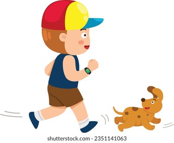 Kid boy is walking with a dog