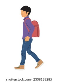 Kid boy walking to school with backpack side view. Child vector illustration isolated on white background