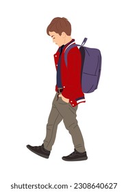 Kid boy walking to school with backpack side view. Child vector illustration isolated on white background