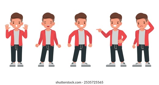 Kid boy wear red jacket character set. Boy is angry, sad and disappointed vector illustration design.