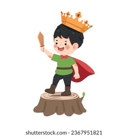 Kid Boy wearing cape holding  wooden sword on a wood