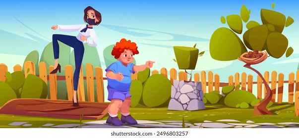 Kid boy and young woman in medical mask doing karate training or playing on backyard with nest on green tree, bush and grass, wooden fence and log on summer sunny day. Cartoon vector illustration.