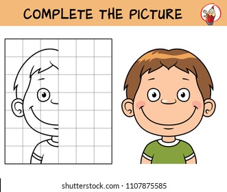 Kid boy's face. Copy the picture. Coloring book. Educational game for children. Cartoon vector illustration