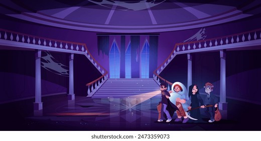 Niños de grupo o amigos en disfraces de Halloween en la espeluznante sala de castillo roto abandonado o salón de baile con escaleras y ventanas Grandes, agujeros y telaraña en la noche. Vector de dibujos animados de miedo escena de vacaciones.