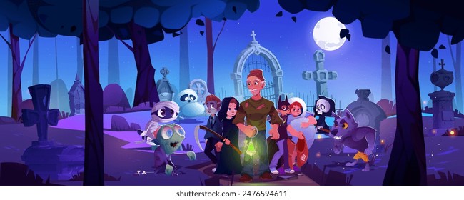 Kid boys in Halloween costumes and male cemetery keeper with magic green light lamp standing on graveyard with tombstones and cross surrounded by scary zombie, ghosts and werewolf. Cartoon vector.