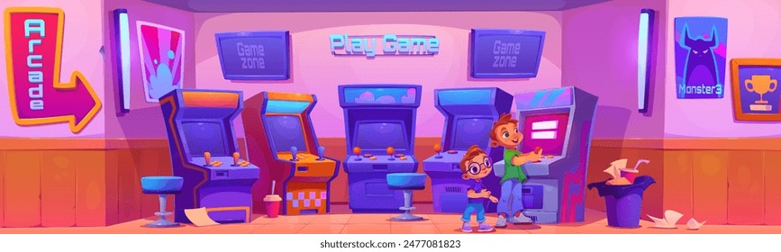 Kid boys playing arcade in retro game machine room interior. Cute children gamers with vintage console. Little videogame players. Nineties devices with joystick controller, buttons and monitor.