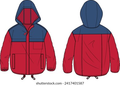 KID BOYS WEAR ANORAK JACKET WITH POCKETS AND HOOD FRONT AND BACK VECTOR ILLUSTRATION