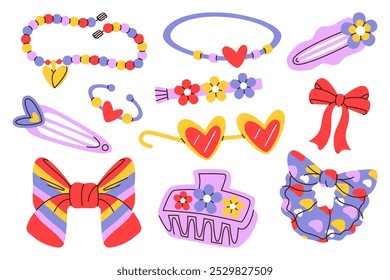 Kid brightly colored accessories set. Cartoon drawing of accessories for children isolated on white background. Fashion, childrens shopping concept. Vector flat illustration